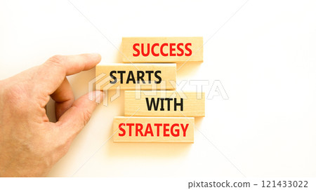 Success starts with strategy symbol. Concept words Success starts with strategy on beautiful wooden blocks. Beautiful white background. Business and success starts with strategy concept. Copy space. 121433022