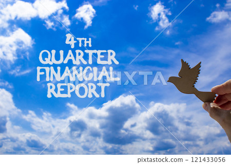 4th quarter financial report symbol. Concept words 4th quarter financial report. Beautiful blue sky and clouds background. Businessman hand. Business 4th quarter financial report concept. Copy space. 4th quarter financial report symbol. Concept words 4th quarter financial report. Beautiful blue sky and clouds background. Businessman hand. Business 4th quarter financial report concept. Copy space. 121433056