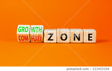 Comfort or growth zone symbol. Concept words Comfort zone Growth zone on wooden cubes. Beautiful orange table orange background. Business and comfort or growth zone concept. Copy space. 121433104