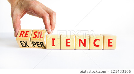 Resilience or experience symbol. Concept words Resilience Experience on beautiful wooden blocks. Beautiful white background. Businessman hand. Business resilience or experience concept. Copy space Resilience or experience symbol. Concept words Resilience Experience on beautiful wooden blocks. Beautiful white background. Businessman hand. Business resilience or experience concept. Copy space 121433106