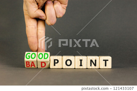 Good or bad point symbol. Concept words Good point Bad point on beautiful wooden blocks. Beautiful grey table grey background. Businessman hand. Business good bad point concept. Copy space 121433107