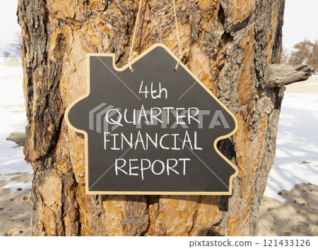 4th quarter financial report symbol. Concept words 4th quarter financial report on beautiful black blackboard. Beautiful old wood background. Business 4th quarter financial report concept. Copy space. 121433126