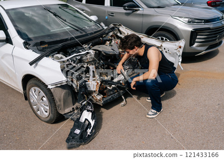 High-angle view of concerned mechanic male crouching near heavily damaged white car, carefully examining extent of damage after serious traffic collision. Concept of car service, repair, maintenance. 121433166