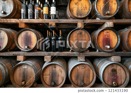 Assorted wine bottles and barrels aging in a traditional rustic wine cellar. 121433190