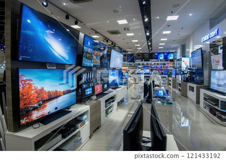 Electronics store interior with large 4k Ultra HD televisions on display 121433192