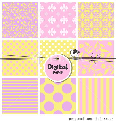 Seamless patterns set, flowers, dots, stripes 121433292