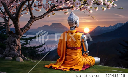 futuristic humanoid robot wearing kasaya in thoughtful pose with nature background for use in meditation, tech, or sci-fi content futuristic humanoid robot wearing kasaya in thoughtful pose with nature background for use in meditation, tech, or sci-fi content 121433426