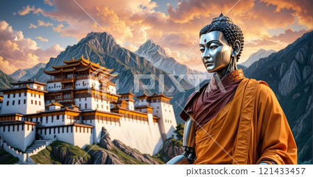 humanoid robot in kasaya robe on serene mountain for use in advertisements about technology, meditation, or futuristic art 121433457