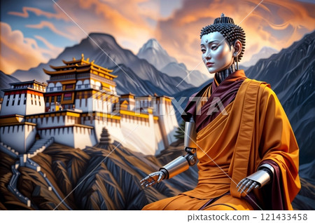 humanoid robot in kasaya robe surrounded by mountains for use in spiritual, digital, or cultural media projects 121433458