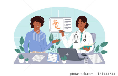 World Multiple Sclerosis Day. Doctor talking to patient in hospital. Doctor and patient with good news, health results, advice and report. Multiple Sclerosis Awareness. World Multiple Sclerosis Day. Doctor talking to patient in hospital. Doctor and patient with good news, health results, advice and report. Multiple Sclerosis Awareness. 121433733