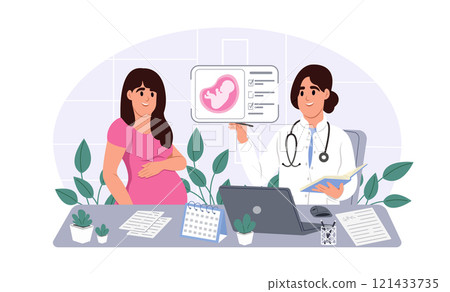 Obstetrician doctor consulting female patient expecting a baby about pregnancy during check up. Vector illustration in flat cartoon style 121433735
