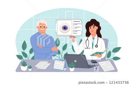 Ophthalmology concept. Ophthalmologist checks a patient's vision. Glaucoma Awareness Month. Vector illustration in flat cartoon style 121433736