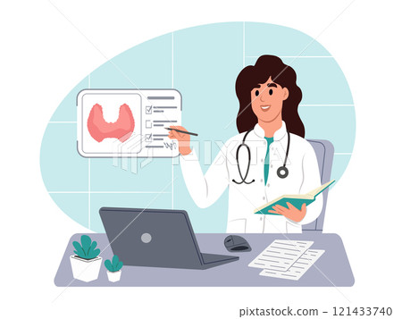 Thyroid awareness month is every year in January. Endocrinologist deal with the diagnosis and treatment of the human thyroid. Vector illustration in flat style Thyroid awareness month is every year in January. Endocrinologist deal with the diagnosis and treatment of the human thyroid. Vector illustration in flat style 121433740