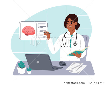 Doctor looks at a brain scan on a virtual screen while sitting at a table in a hospital. Diagnosis and treatment of brain disease. Vector flat illustration 121433745