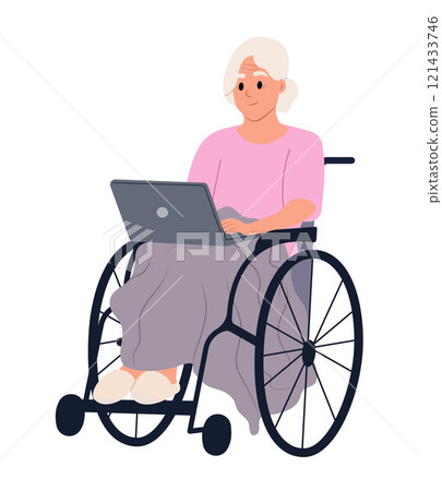 Elderly woman sitting in wheelchair surfing internet. Senior woman sitting in wheelchair resting with laptop at home, browsing online. Vector illustration in flat cartoon style 121433746