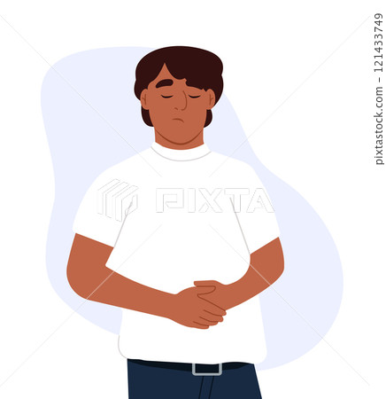 Unhappy man holding stomach, stomach ache, suffering from poisoning, spasms, stomach problems. Vector illustration in flat cartoon style Unhappy man holding stomach, stomach ache, suffering from poisoning, spasms, stomach problems. Vector illustration in flat cartoon style 121433749
