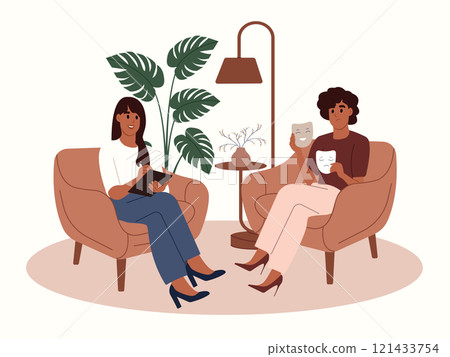 Person at psychotherapy. Person with imposter syndrome at the doctor. Bipolar disorder. Fake faces and emotions. Vector illustration in flat cartoon style Person at psychotherapy. Person with imposter syndrome at the doctor. Bipolar disorder. Fake faces and emotions. Vector illustration in flat cartoon style 121433754