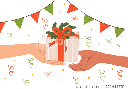 Christmas gift. Hands giving and holding wrapped holiday gifts. New year, Christmas celebration. Christmas template for card and banner. 121433761