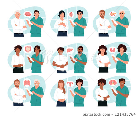 Set of diverse doctors and patients characters. Male and female doctors talking to patients during consultation. Illustrations in cartoon style. 121433764