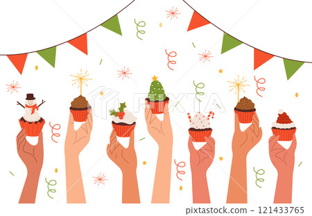 Christmas cupcakes, Christmas template for card and banner. Vector illustration in flat cartoon style 121433765