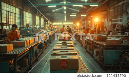 Building with conveyor belt full of boxes in factory 121433790