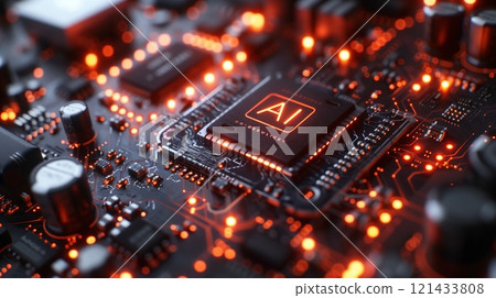 Closeup of a microcontroller on a motherboard circuit component 121433808