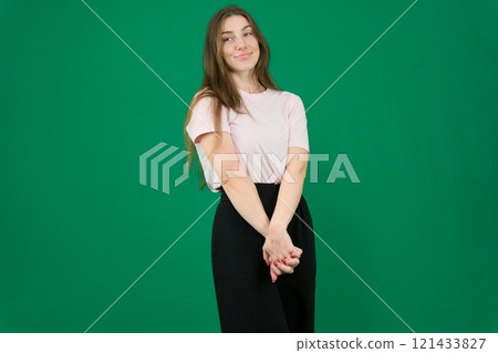 Beautiful young asian woman in brown shirt. Charming female lady standing pose thinking on isolated white blank background. Asian cute people looking copy space for text advertise Beautiful young asian woman in brown shirt. Charming female lady standing pose thinking on isolated white blank background. Asian cute people looking copy space for text advertise 121433827