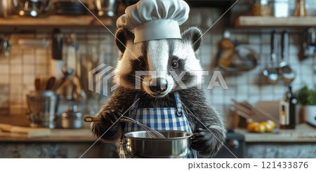 Adorable badger in chef hat and apron mixing ingredients in kitchen setting 121433876