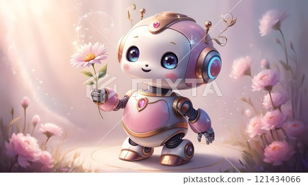 adorable pastel robot holding a flower in a soft, glowing scene 121434066