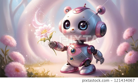 tiny robot offering a flower surrounded by fantasy elements 121434067