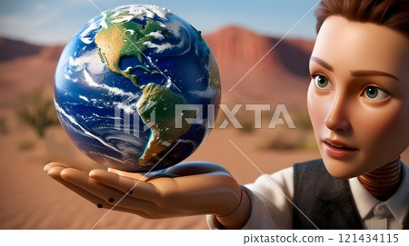 android inspecting a planet model with scanning eyes 121434115