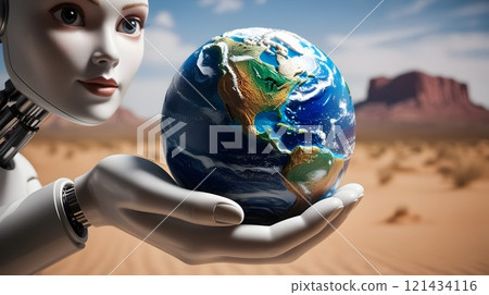 curious android observing a spinning planet in its hand 121434116