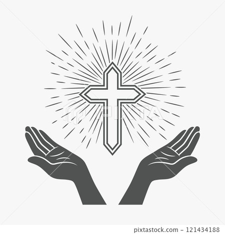 Black and White Open Hands with Cross and Divine Light, Symbol of Faith and Prayer. Design Template for Church Logo. Prayer, Religion Concept Monochrome Cut Out Silhouette Icon. Vector Illustration 121434188