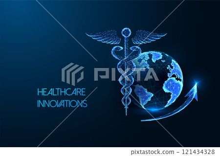 Healthcare innovations concept with glowing caduceus symbol and Earth on dark blue background. Healthcare innovations concept with glowing caduceus symbol and Earth on dark blue background. 121434328