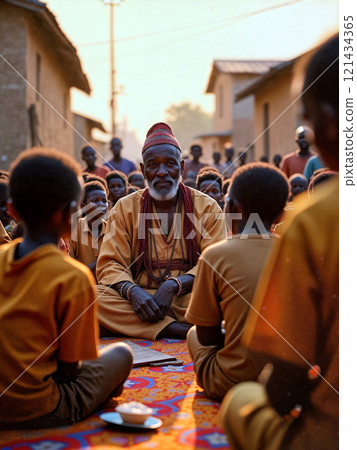 Community elder griot teaches traditional wisdom to children in a sunset gathering in a village 121434365