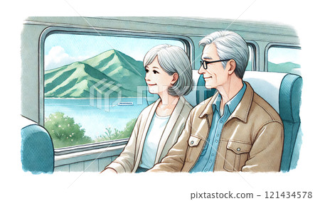 一對老夫婦在旅行時看窗外的風景 121434578