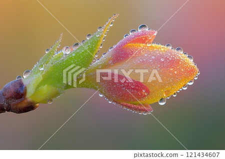 Colorful flower bud covered in morning dew glistening in soft sunlight 121434607