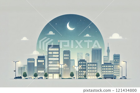 城市景觀排列著建築物和夜空中的新月 121434800
