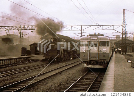 1968 Steam locomotive C60 and AC/DC electric train 453 series, Joban Line, Taira Station (now Iwaki Station), Fukushima Prefecture, archival photo 121434888