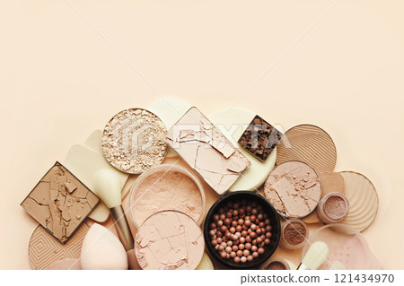 Varieties of face powders and foundations for perfect complexion, basic make up products to even out and matte skin, beauty cosmetics with brushes and sponges, selective focus 121434970