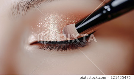 A woman applying eye makeup with a makeup brush A woman applying eye makeup with a makeup brush 121435475
