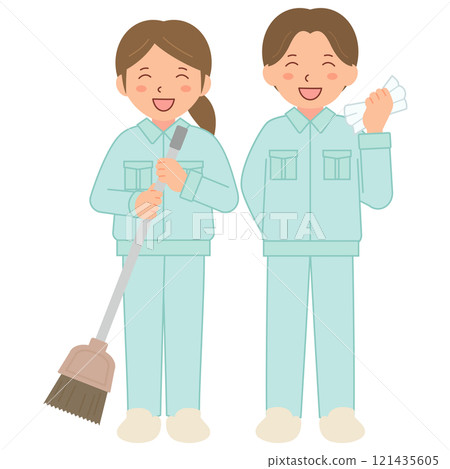 Male and female cleaning staff A (full body) wearing work clothes 121435605