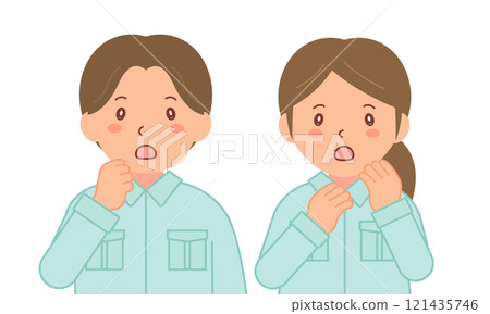 Male and female staff in work clothes with surprised expressions (upper body) 121435746