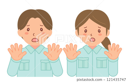 Male and female staff in work clothes refusing with palms up (upper body) Male and female staff in work clothes refusing with palms up (upper body) 121435747