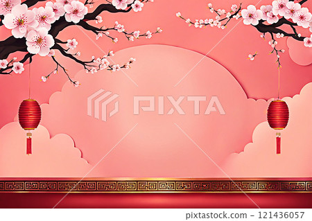 Chinese new year background banner with Chinese paper lanterns,peach blossom, peony,red tone. 121436057