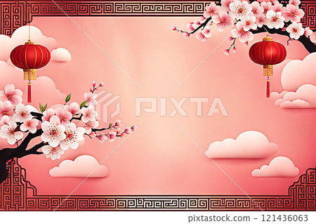 Chinese new year background banner with Chinese paper lanterns,peach blossom, peony,red tone. Chinese new year background banner with Chinese paper lanterns,peach blossom, peony,red tone. 121436063