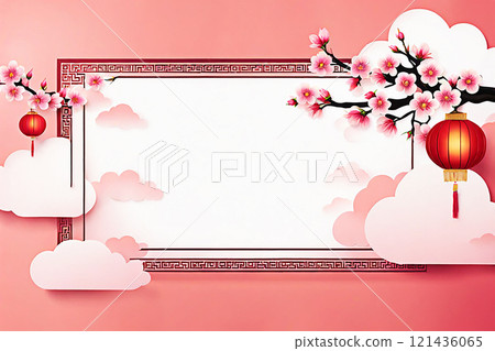 Chinese new year background banner with Chinese paper lanterns,peach blossom, peony,red tone. Chinese new year background banner with Chinese paper lanterns,peach blossom, peony,red tone. 121436065