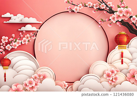 Chinese new year background banner with Chinese paper lanterns,peach blossom, peony,red tone. Chinese new year background banner with Chinese paper lanterns,peach blossom, peony,red tone. 121436080