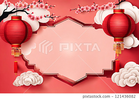Chinese new year background banner with Chinese paper lanterns,peach blossom, peony,red tone. Chinese new year background banner with Chinese paper lanterns,peach blossom, peony,red tone. 121436082