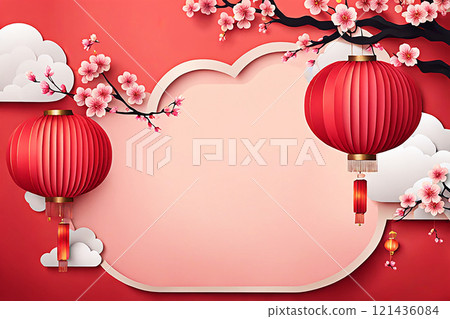 Chinese new year background banner with Chinese paper lanterns,peach blossom, peony,red tone. Chinese new year background banner with Chinese paper lanterns,peach blossom, peony,red tone. 121436084